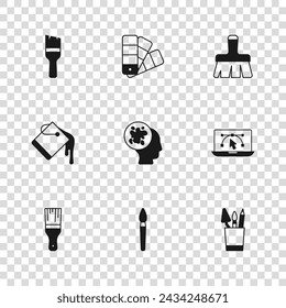 Set Paint brush, Computer with design program, Pencil case stationery, spray, Color palette guide and bucket icon. Vector