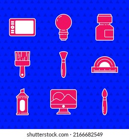 Set Paint brush, Computer monitor screen, Protractor, Marker pen, Paint, gouache, jar, dye and Graphic tablet icon. Vector