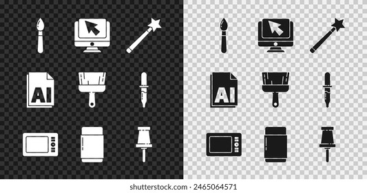 Set Paint Brush, Computer Monitor und Cursor, Zauberstab, Grafiktablett, Radiergummi, Push-Pin, KI-Datei Dokument und Symbol. Vektorgrafik