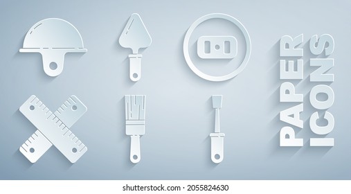 Set Paint brush, Electrical outlet, Crossed ruler, Screwdriver, Trowel and Worker safety helmet icon. Vector