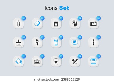 Set Paint brush, Eraser or rubber, bucket, Marker pen, Stationery knife and Pencil case stationery icon. Vector