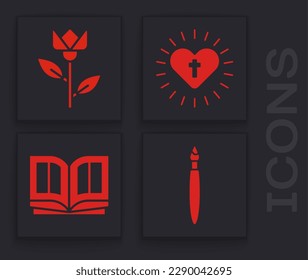 Set Paint brush, Flower tulip, Christian cross and heart and Holy bible book icon. Vector