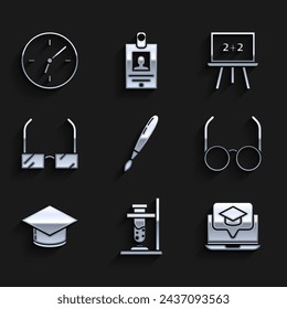 Set Paint brush, Glass test tube flask on fire, Graduation cap screen laptop, Glasses, Chalkboard and Clock icon. Vector