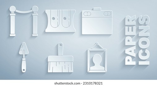 Set Paint brush, Graphic tablet, Palette knife, Picture, Pencil sharpener and Exhibition of paintings icon. Vector