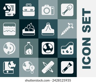 Set Paint brush, Ground, Construction jackhammer, Photo camera, Ore mining, Soil ground layers, Earth globe with document and Volcano icon. Vector