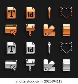 Set Paint brush, Heart with Bezier curve, Eraser or rubber, Color palette guide, Web design and development, Pencil eraser, Text file document and ID File icon. Vector