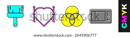 Set Paint brush, Heart with Bezier curve, RGB and CMYK color mixing and Graphic tablet icon. Vector
