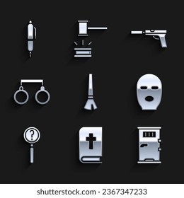 Set Paint brush, Holy bible book, Prison cell door, Thief mask, Magnifying glass with search, Handcuffs, Pistol gun silencer and Pen icon. Vector