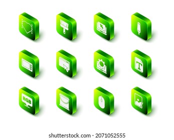 Set Paint brush, Laptop and cursor, Marker pen, Text file document, Graphic tablet, gear, Computer mouse and bucket icon. Vector