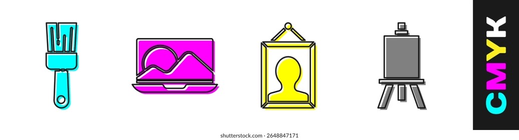 Set Paint brush, Laptop, Picture and Easel or painting art boards icon. Vector