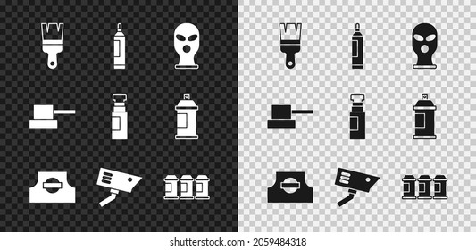 Set Paint brush, Marker pen, Balaclava, Spray can nozzle cap, Security camera, spray,  and  icon. Vector