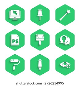 Set Paint brush, Marker pen, Red eye effect, Light bulb with concept of idea, roller, PS File document, Magic wand and Computer monitor cursor icon. Vector