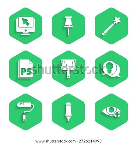 Set Paint brush, Marker pen, Red eye effect, Light bulb with concept of idea, roller, PS File document, Magic wand and Computer monitor cursor icon. Vector