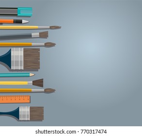 Set of paint brush on gray background. Different models of brushes for painting isolated. Flat vector design.	
