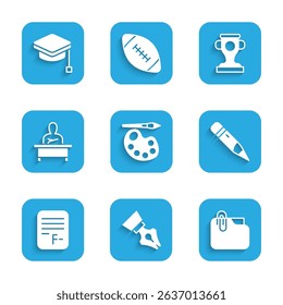 Set Paint brush with palette, Fountain pen nib, Document folder clip, Pencil eraser, Exam paper incorrect answers, Schoolboy sitting at desk, Award cup and Graduation cap icon. Vector
