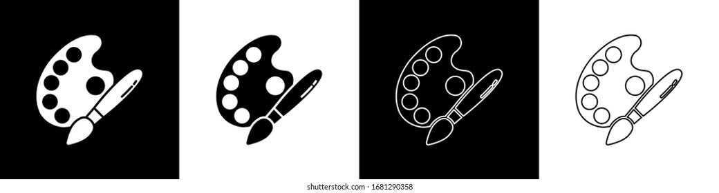 Set Paint brush with palette icon isolated on black and white background.  Vector Illustration