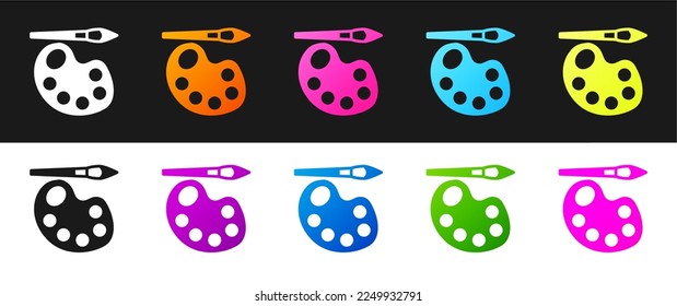 Set Paint brush with palette icon isolated on black and white background.  Vector