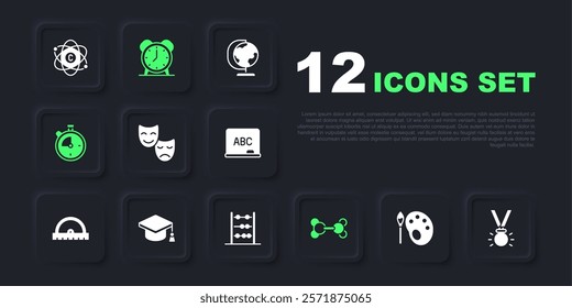 Set Paint brush with palette, Medal, Comedy and tragedy masks, Molecule, Stopwatch, Graduation cap, Alarm clock and Abacus icon. Vector