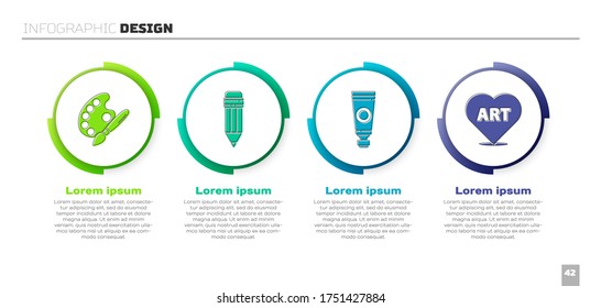 Set Paint brush with palette, Pencil with eraser, Tube with paint palette and Heart with text art. Business infographic template. Vector