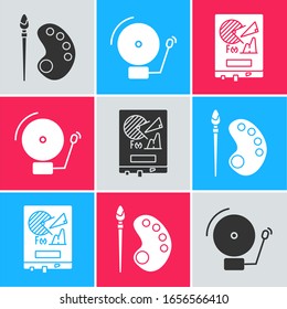 Set Paint brush with palette, Ringing alarm bell and Board with graph chart icon. Vector