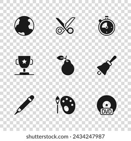 Set Paint brush with palette, Ringing bell, CD or DVD disk, Pear, Stopwatch, Earth globe, Scissors and Award cup icon. Vector