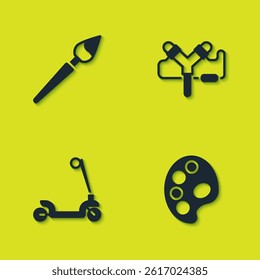 Set Paint brush, Palette, Roller scooter and Slingshot icon. Vector