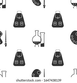 Ponga el cepillo de pintura con paleta, tubo de ensayo y prueba de laboratorio químico de frasco y mochila escolar en un patrón sin fisuras. Vector