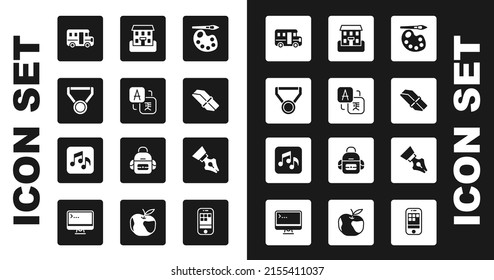 Set Paint brush with palette, Translator, Medal, School Bus, Eraser rubber, building, Fountain pen nib and Music note, tone icon. Vector
