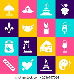 Set Paint brush with palette, Wine glass, Scooter, Fountain, Croissant, Fleur De Lys, Covered tray and Woman dress icon. Vector