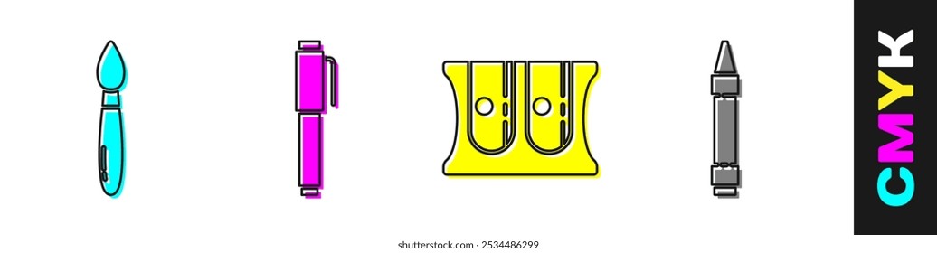 Definir pincel de tinta, caneta, apontador de lápis e giz de cera para ícone de desenho. Vetor