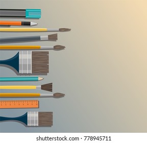 Set of paint brush, pencil, ruler and marker on gray background. Different models of brushes for painting isolated. Flat vector design.	
