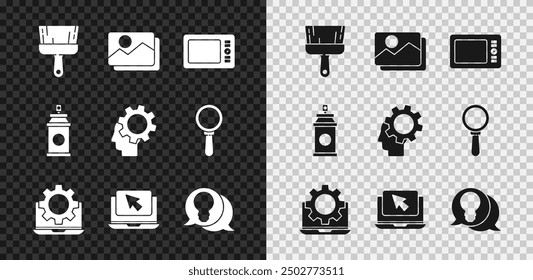 Set Paint brush, Picture landscape, Graphic tablet, Laptop gear, cursor, Light bulb with concept of idea, spray can and Human head inside icon. Vector
