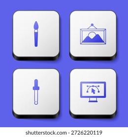Set Paint brush, Picture landscape, Eyedropper color picker palette and Computer with design program icon. White square button. Vector
