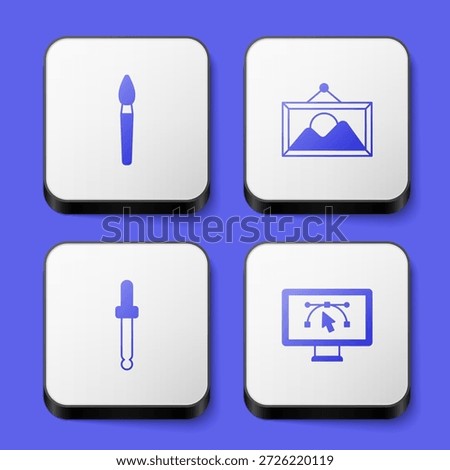 Set Paint brush, Picture landscape, Eyedropper color picker palette and Computer with design program icon. White square button. Vector