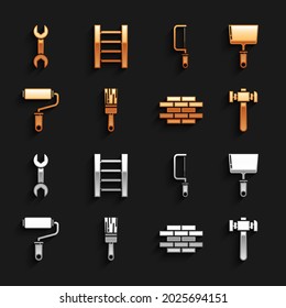 Set Paint brush, Putty knife, Hammer, Bricks, roller, Hacksaw, Wrench spanner and Wooden staircase icon. Vector