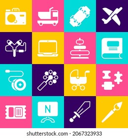 Set Paint brush, Puzzle pieces toy, Book, Skateboard, Laptop, Slingshot, Photo camera and Pyramid icon. Vector