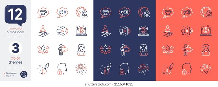 Set Of Paint Brush, Quality And Megaphone Line Icons. Include Fireworks, Puzzle, Sale Megaphone Icons. Woman, Recruitment, Video Conference Web Elements. Coffee Cup, Unlock System, Bitcoin. Vector