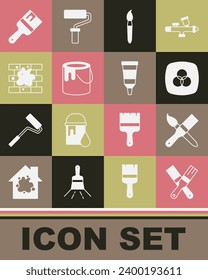 Set Paint brush, RGB and CMYK color mixing, bucket, Painting the house,  and Tube with paint palette icon. Vector