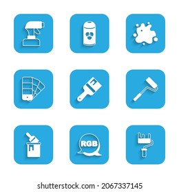 Set Paint brush, RGB, roller, bucket with, Color palette guide, spray and gun icon. Vector
