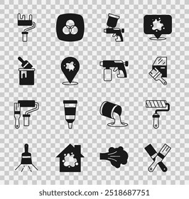 Set Paint brush, roller, Car painting, spray gun, bucket with,  and  icon. Vector