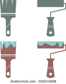 Set of paint brush and paint roller icons drawing in flat style silhouette
