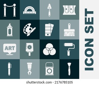Set Paint brush, roller, Palette knife, with palette, Marker pen, Exhibition of paintings and  icon. Vector