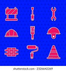 Set Paint brush, roller, Traffic cone, Worker safety helmet, Bricks, Wrench spanner and Road barrier icon. Vector