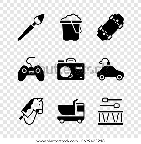 Set Paint brush, Sand bucket, Skateboard, Toy horse, truck, Drum with drum sticks, Gamepad and Photo camera icon. Vector
