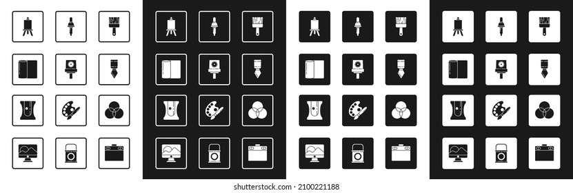 Set Paint brush, Spray can nozzle cap, Paper towel roll, Easel or painting art boards, Palette knife, Pipette, RGB and CMYK color mixing and Pencil sharpener icon. Vector