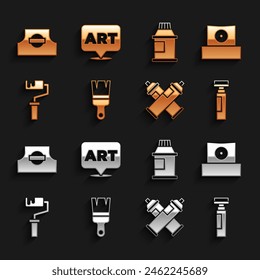 Set Paint brush, Spray can nozzle cap, Marker pen, spray, roller, Paint, gouache, jar, dye,  and Speech bubble with text art icon. Vector