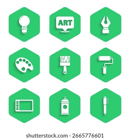 Set Paint brush, spray can, Pen, roller, Graphic tablet, Palette, Fountain pen nib and Light bulb icon. Vector