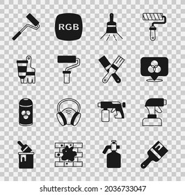 Set Paint brush, spray gun, RGB and CMYK color mixing, roller, Tube with paint,  and  icon. Vector