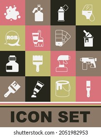 Ajuste el pincel de pintura, pistola de spray, cubo con, lata, pintura de tubo y, RGB, y el icono de guía de paleta de color. Vector