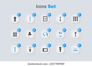 Pinsel, Sprühpistole, Markerstift, Computer mit Design-Programm, Zauberstab, Füllfedernib und Eimer-Icon. Vektorgrafik